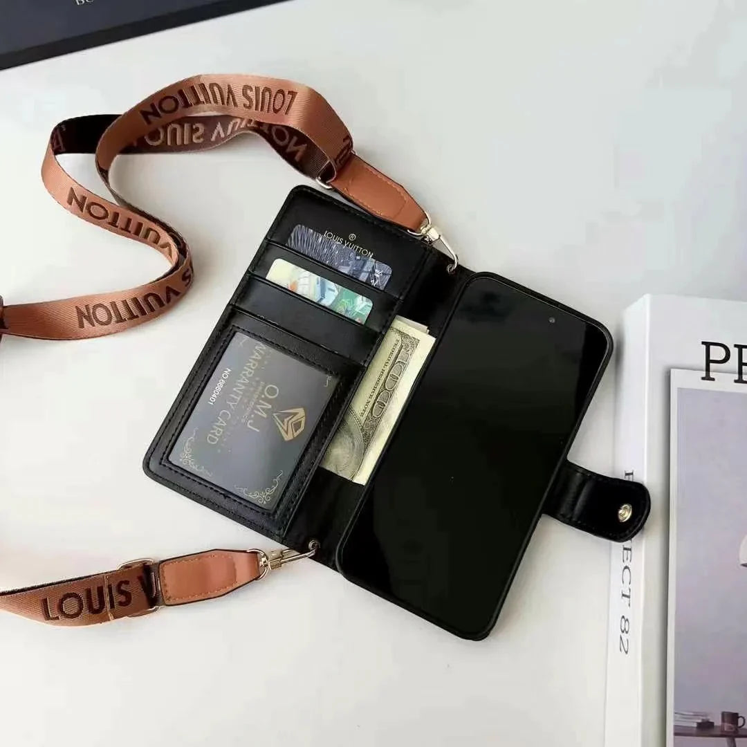 Custodia per telefono con portafoglio in pelle e cordino per iPhone