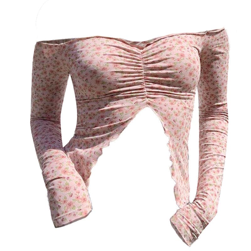 Top corto a maniche lunghe con stampa floreale e spacco sulle spalle