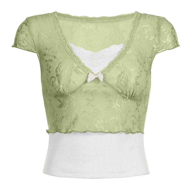 Top corto con volant e maniche a cappuccio in patchwork di pizzo a contrasto