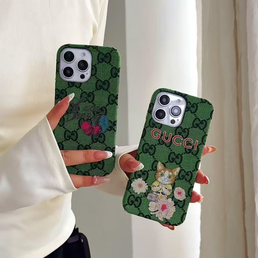 Custodia per telefono con ricamo in stile verde per iPhone
