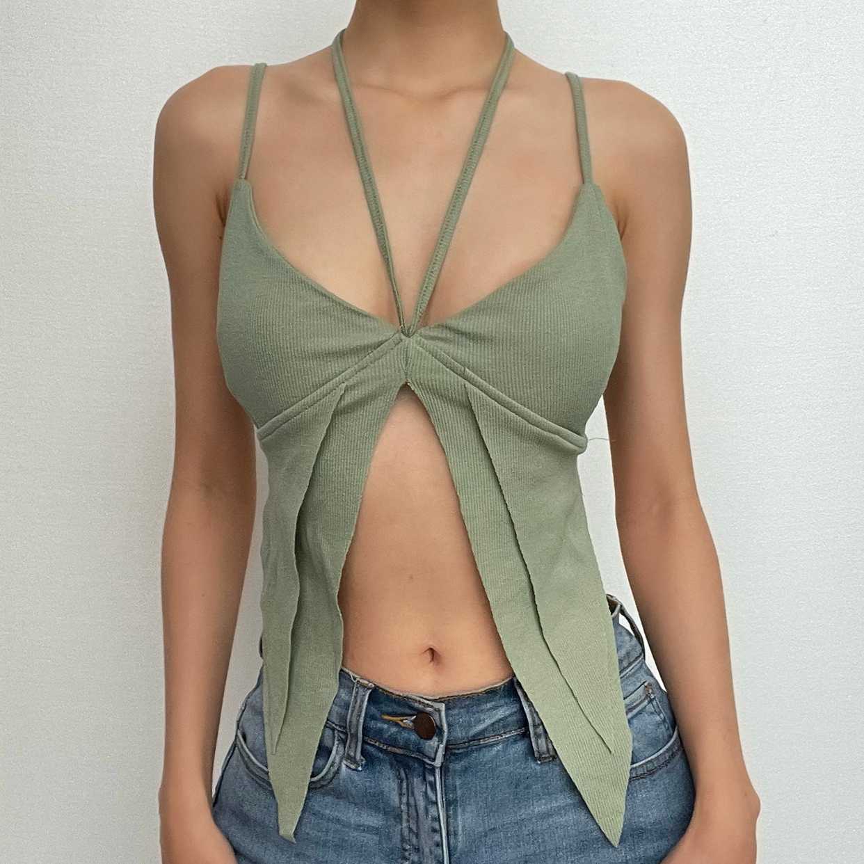 Top corto con scollo all'americana, spacco sulla schiena e coulisse a coste