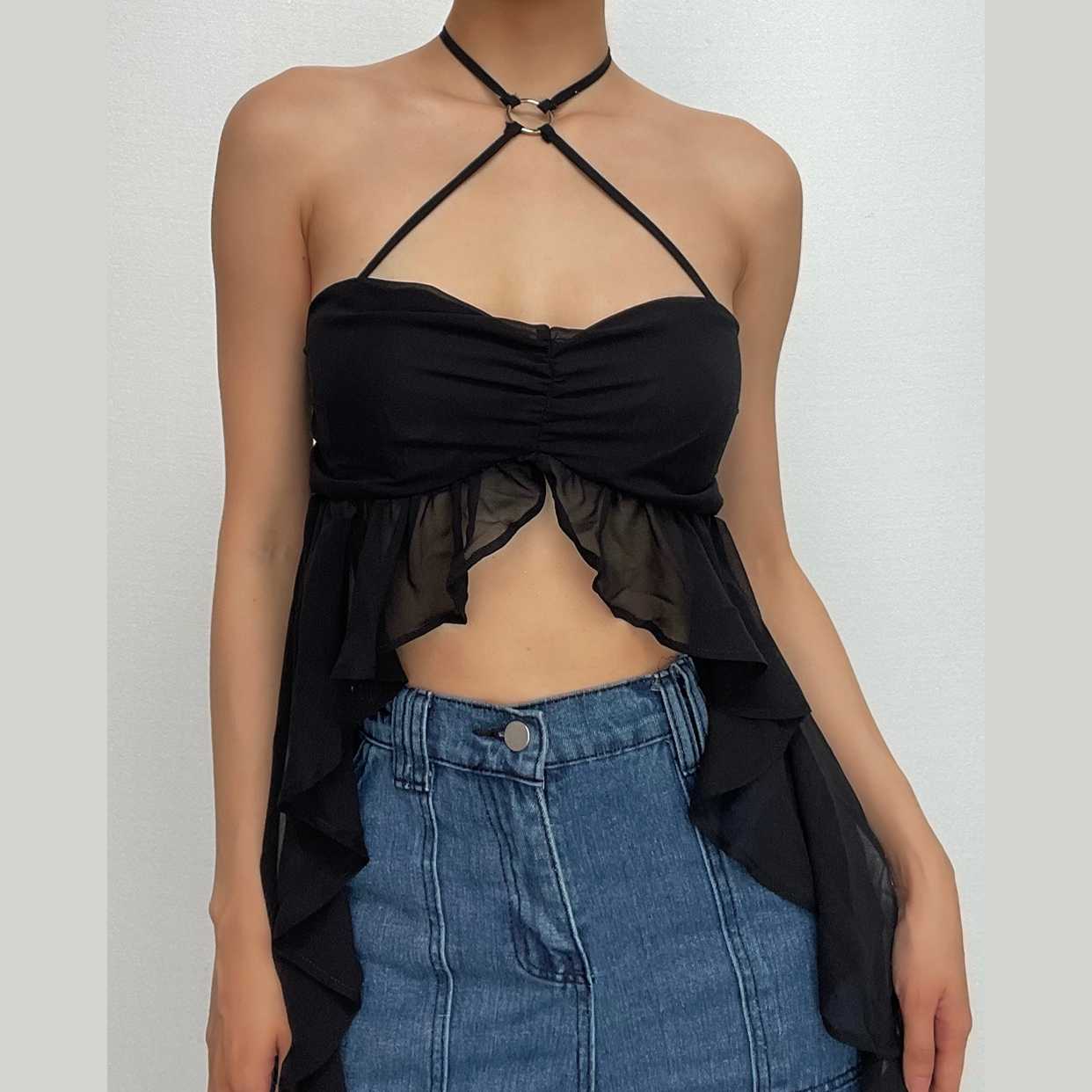 Top corto in chiffon con volant, arricciatura, schiena scoperta e bottoni