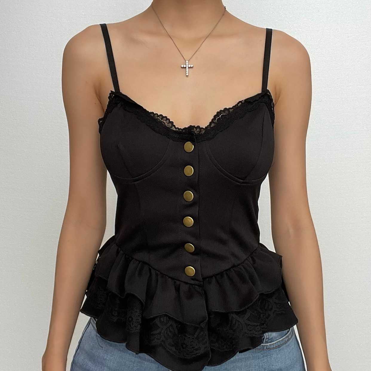 Rückenfreies Camisole-Oberteil mit Spitzensaum, Knopfleiste, V-Ausschnitt und Rüschen