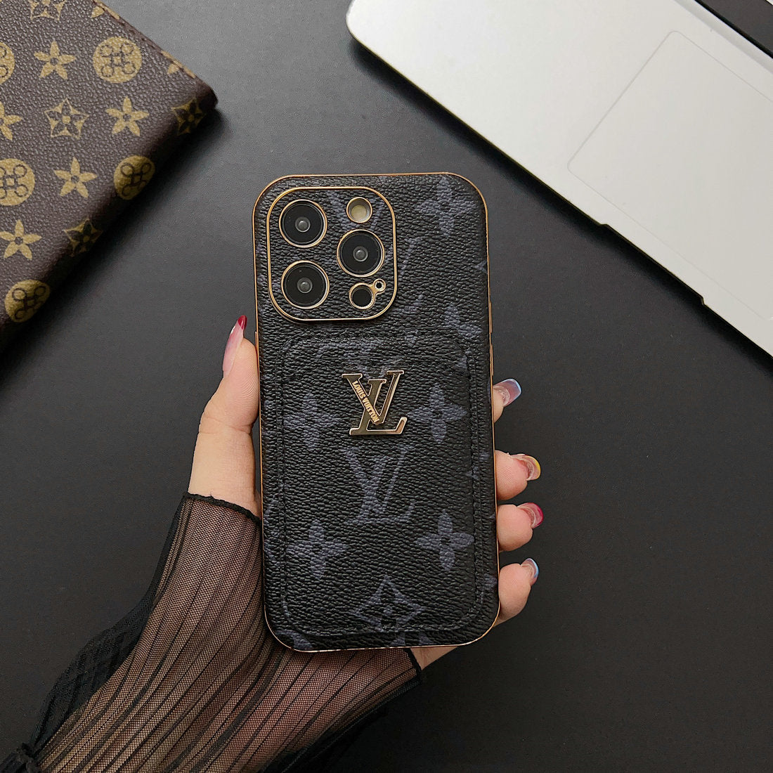 Custodia per telefono con porta carte in oro per iPhone