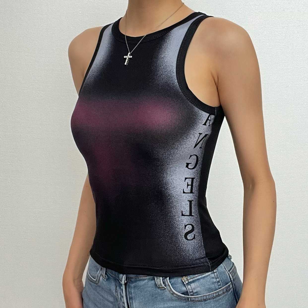 Top senza maniche con scollo tondo e stampa a contrasto