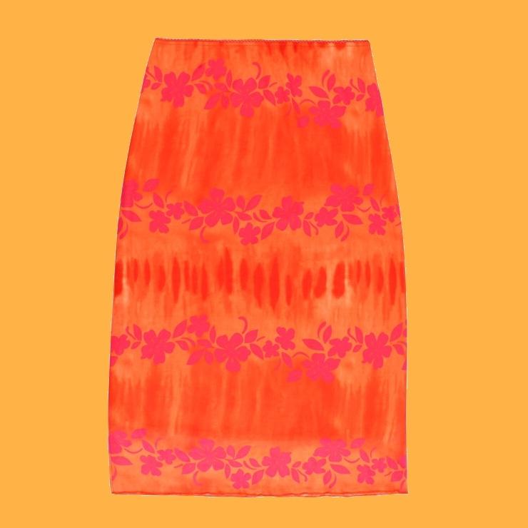 Gonna midi Y2K "Hawaiian" con stampa a rete arancione