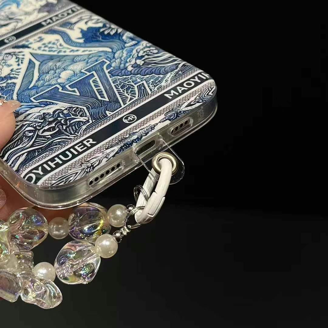 Custodia per telefono con catena blu trasparente per iPhone