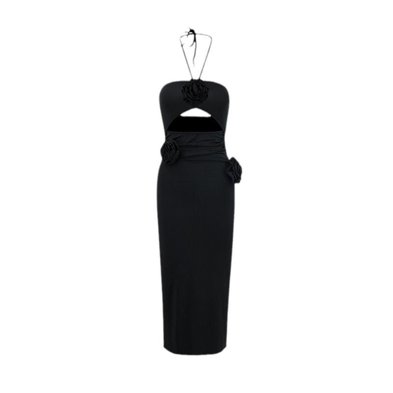 Vestito lungo sexy con bretelle e collo alto da ragazza sexy