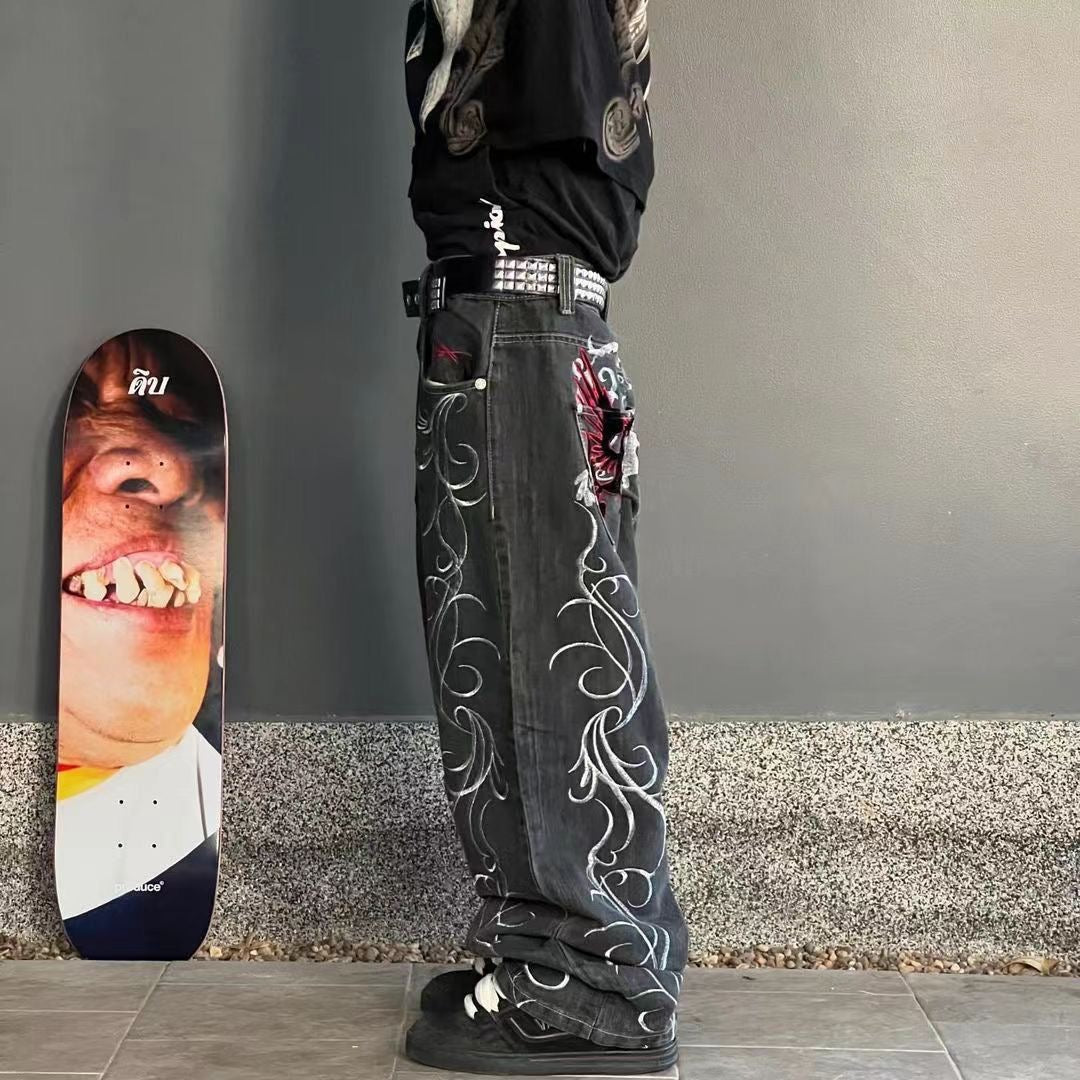 Jeans a vita bassa Y2K con ricami vintage