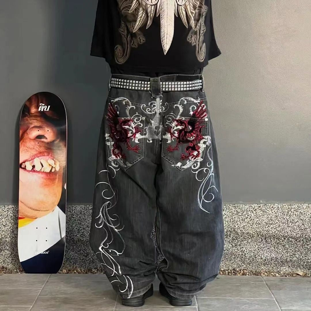 Jeans a vita bassa Y2K con ricami vintage