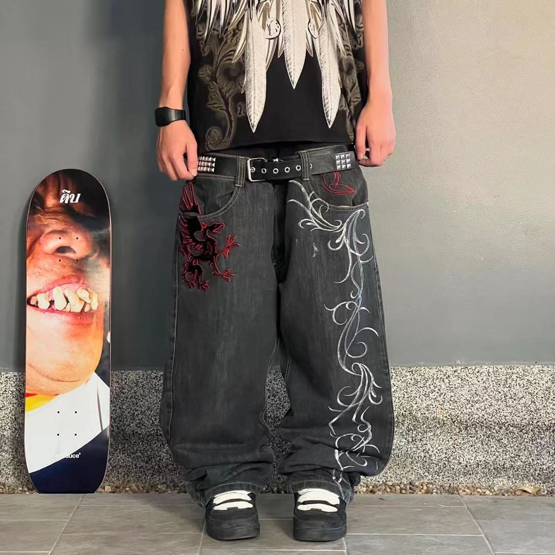 Jeans a vita bassa Y2K con ricami vintage