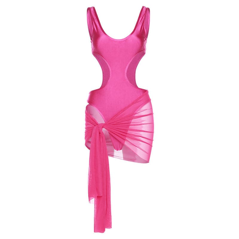 Completo minigonna con body senza maniche in rete metallica con scollo a U traforato