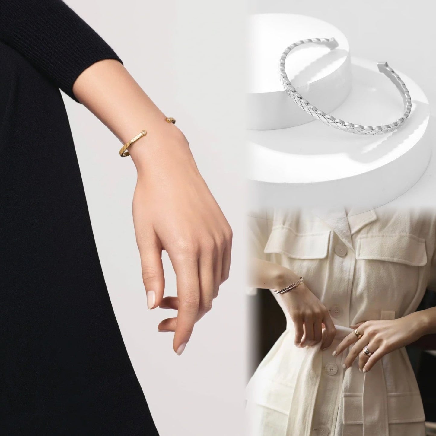 Bracciale aperto con motivo trapuntato e diamanti