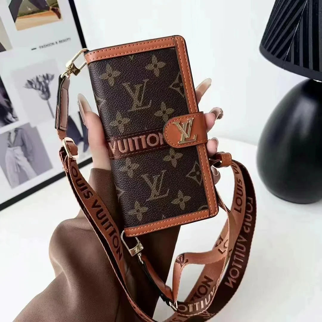 Custodia per telefono con portafoglio in pelle e cordino per iPhone