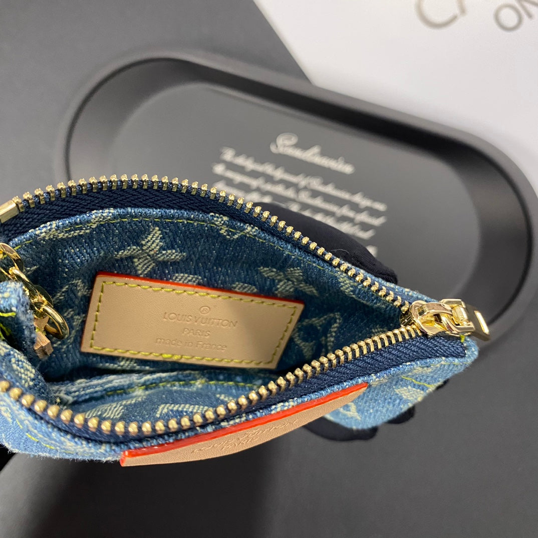 Porta carte di credito ricamato in denim di lusso