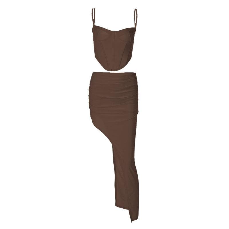 Completo abito lungo con scollo a V, spacco sul retro, corsetto solido e arricciato