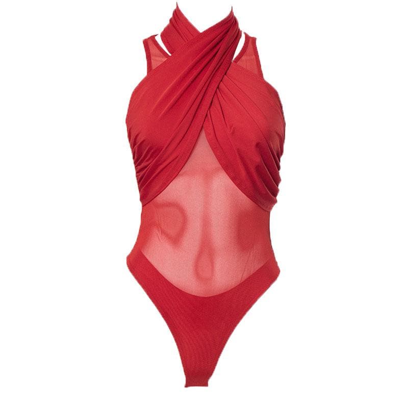 Body uni sans manches à licou croisé sur le devant en maille