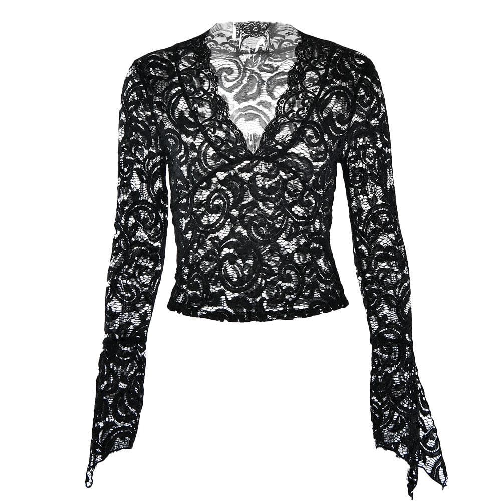 Top trasparente in pizzo con scollo a V e maniche svasate