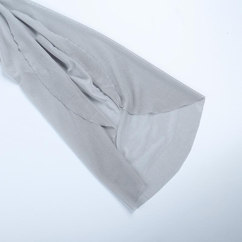Haut en maille transparente à manches longues et fente froncée avec perles