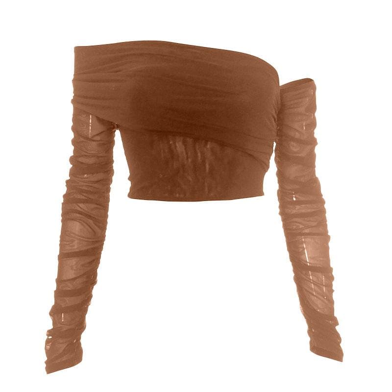 Top corto irregolare a maniche lunghe con spalle scoperte e maglia solida