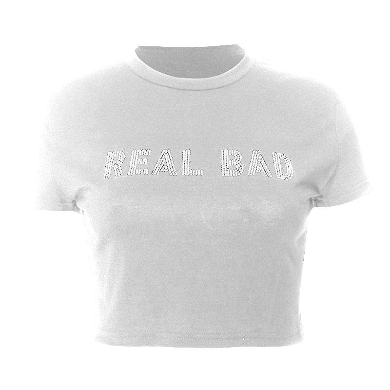 Top corto con perline e scollo a giro a maniche corte "REAL BAD"