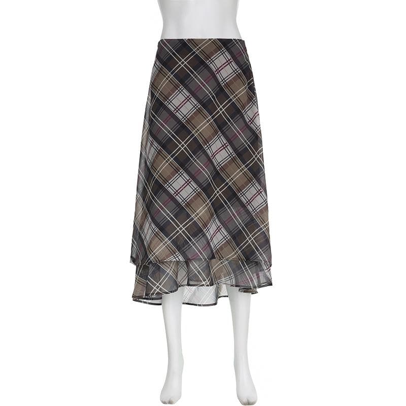 Gonna midi a vita bassa in chiffon con volant a contrasto e cerniera