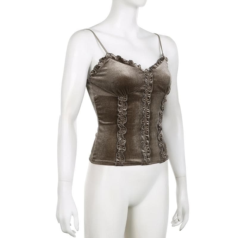 Rückenfreies Camisole-Oberteil aus gerüschtem Samt mit V-Ausschnitt und Kontrast