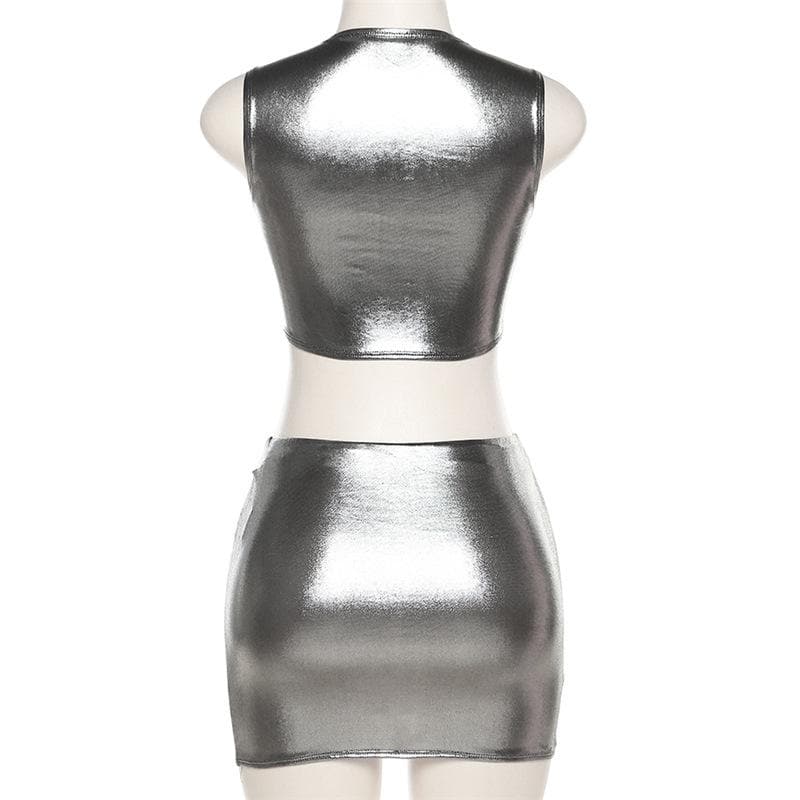 Minigonna metallizzata senza maniche con scollo rotondo