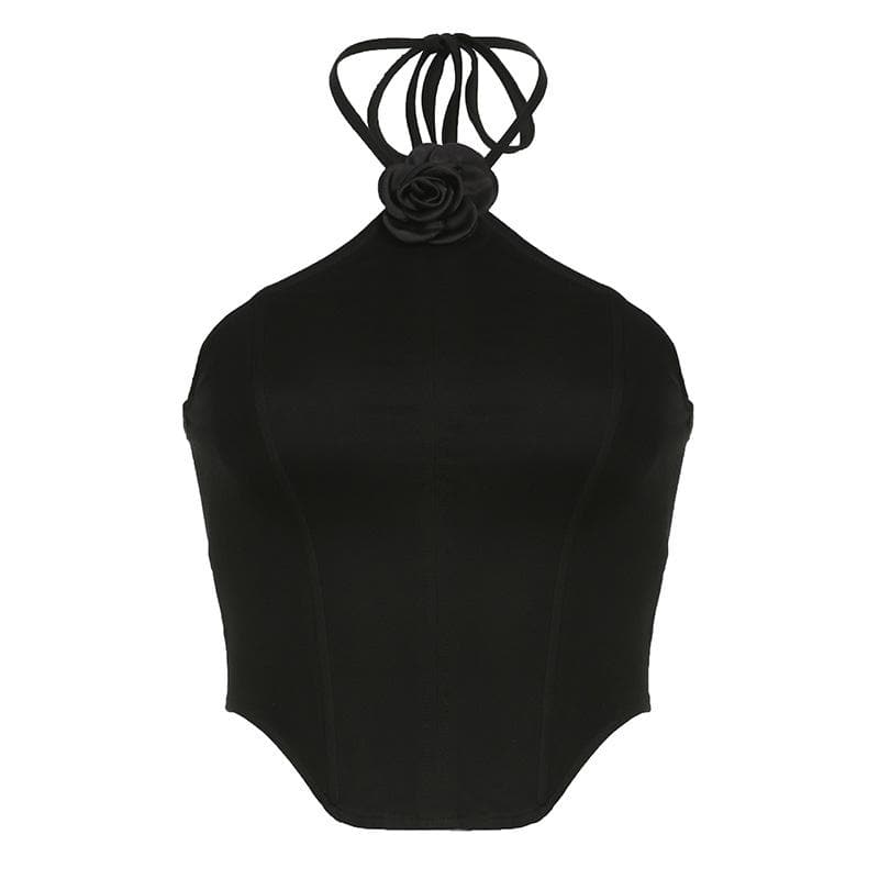 Top corsetto con schiena scoperta e allacciatura a collo alto con applicazioni floreali