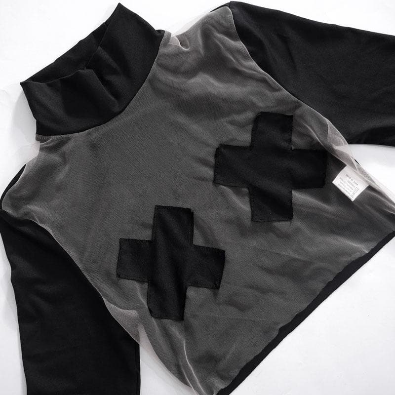 Top corto patchwork con guanti a maniche lunghe e collo alto in rete