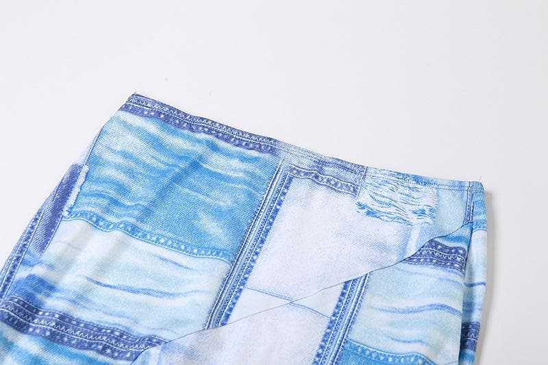 Minigonna con lacci e volant a contrasto, stampa denim, allacciatura irregolare