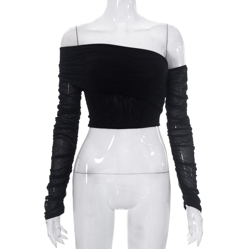 Top corto irregolare a maniche lunghe con spalle scoperte e maglia solida