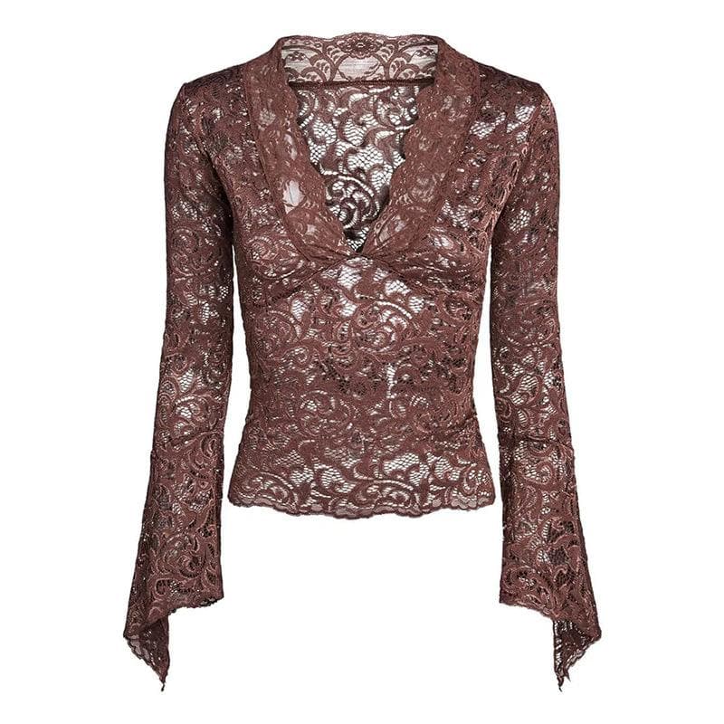 Top trasparente in pizzo con scollo a V e maniche svasate