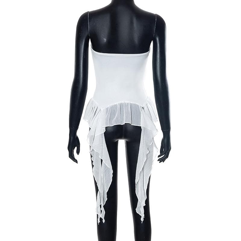 Top a tubino con volant in chiffon patchwork e schiena scoperta con nastri
