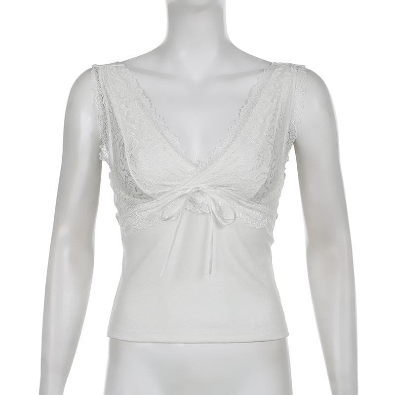 Top senza maniche con laccetti e scollo a V in patchwork di pizzo