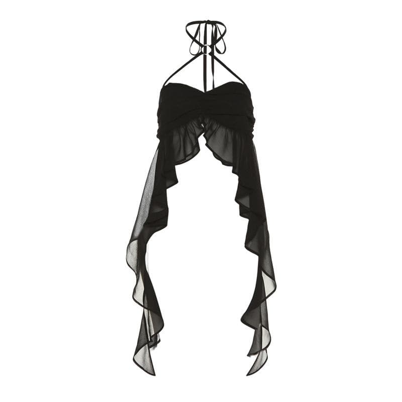 Top corto in chiffon con volant, arricciatura, schiena scoperta e bottoni