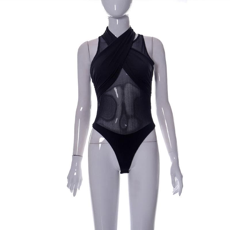 Body uni sans manches à licou croisé sur le devant en maille