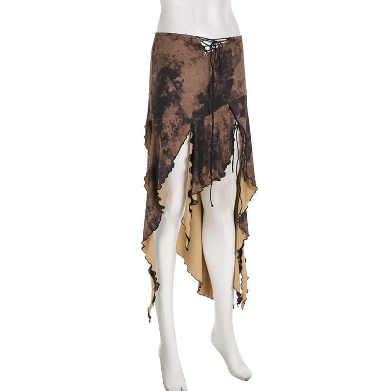Gonna midi a vita bassa con lacci a contrasto, spacchi irregolari e tie-dye