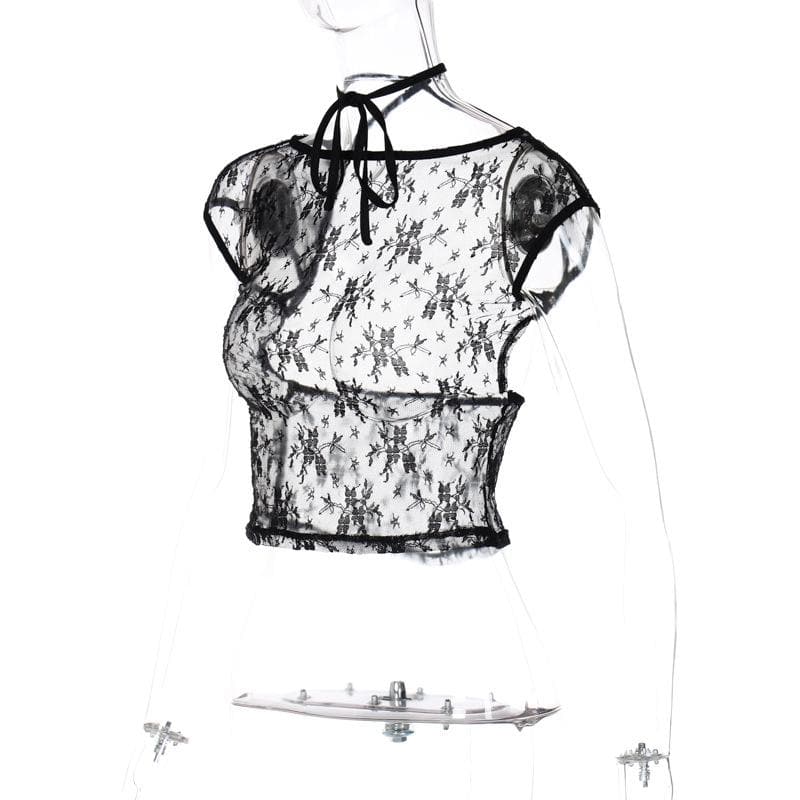 Rückenfreies, durchsichtiges Crop-Top aus Spitze mit Neckholder und Flügelärmeln