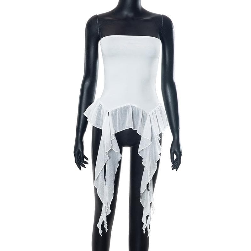 Top a tubino con volant in chiffon patchwork e schiena scoperta con nastri