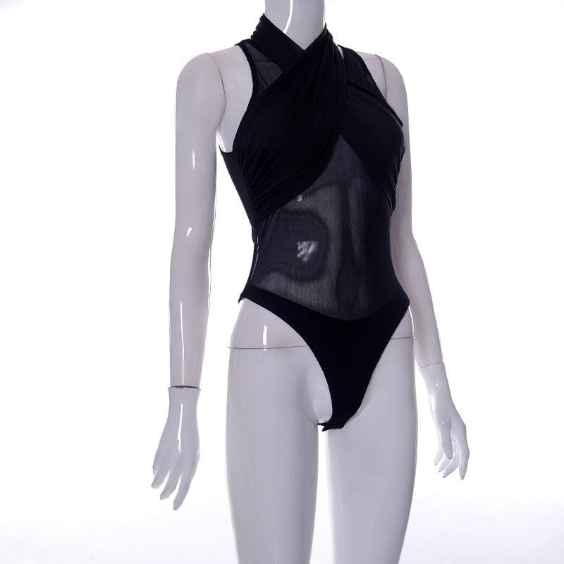 Body uni sans manches à licou croisé sur le devant en maille