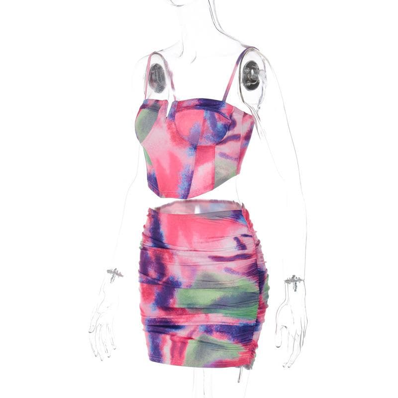 Completo minigonna con corsetto e canotta senza schienale, scollo a V, tie-dye a contrasto arricciato