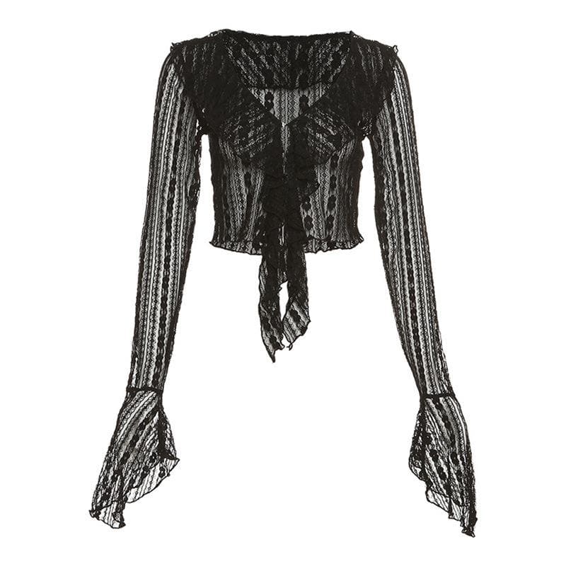 Haut court en dentelle transparente à manches évasées, col en V, volants, boutons solides