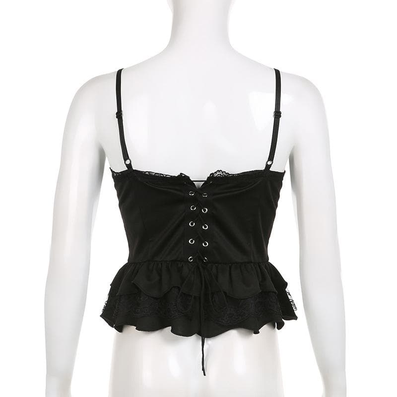 Rückenfreies Camisole-Oberteil mit Spitzensaum, Knopfleiste, V-Ausschnitt und Rüschen