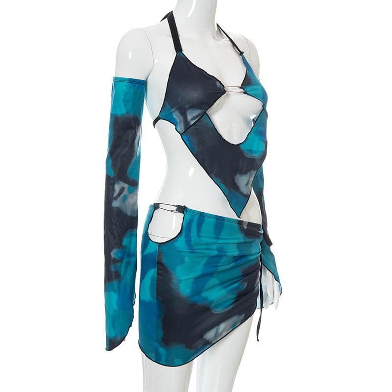 Completo gonna arricciata con coulisse e collo a V traforato