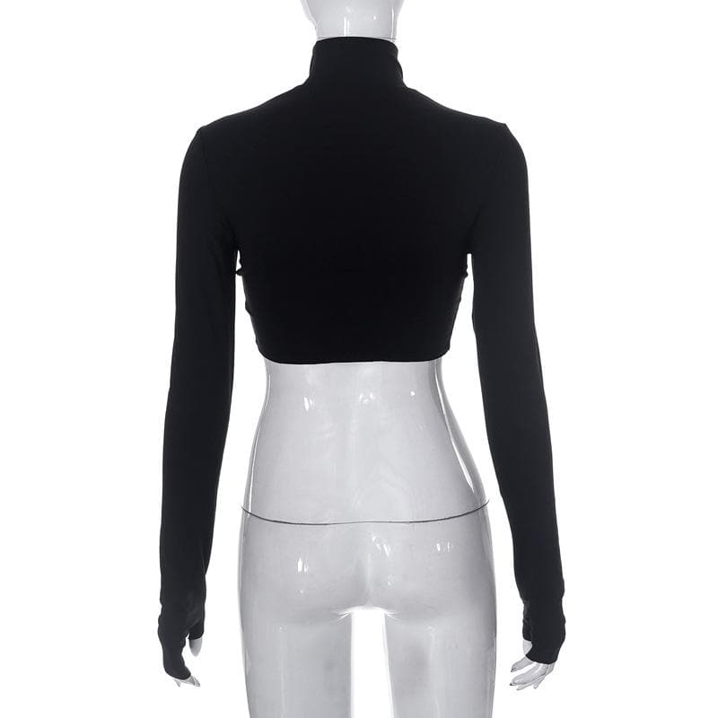 Top corto patchwork con guanti a maniche lunghe e collo alto in rete