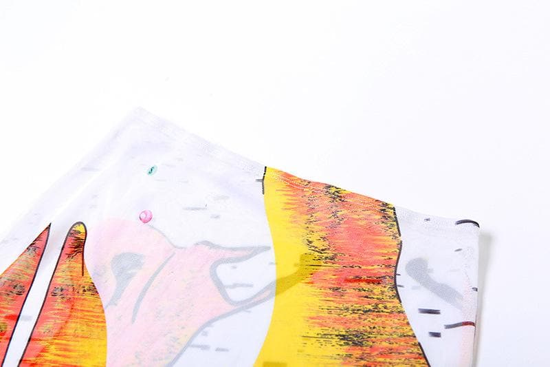 Completo gonna lunga a maniche lunghe con stampa a contrasto e rete trasparente