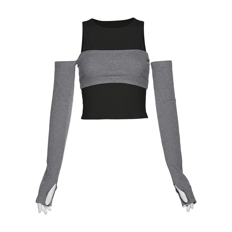 Top corto in due pezzi con scollo a giro e spalle scoperte a contrasto