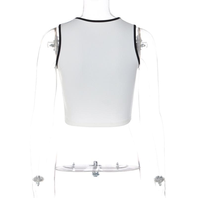 Ärmelloses Crop-Top mit Rundhalsausschnitt und abstraktem Print in Kontrastfarbe