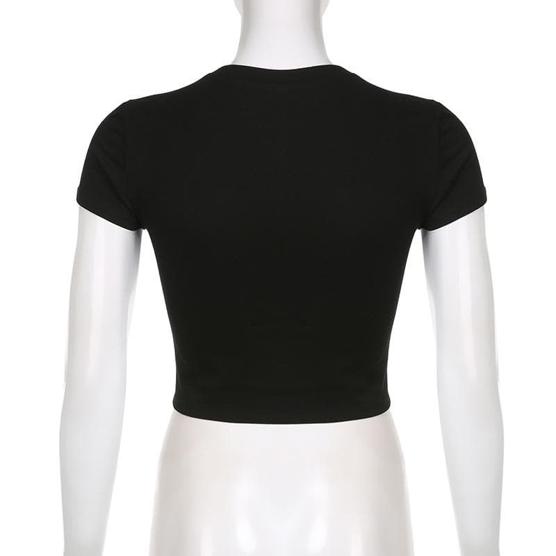 Top corto a maniche corte con scollo rotondo e stampa a contrasto
